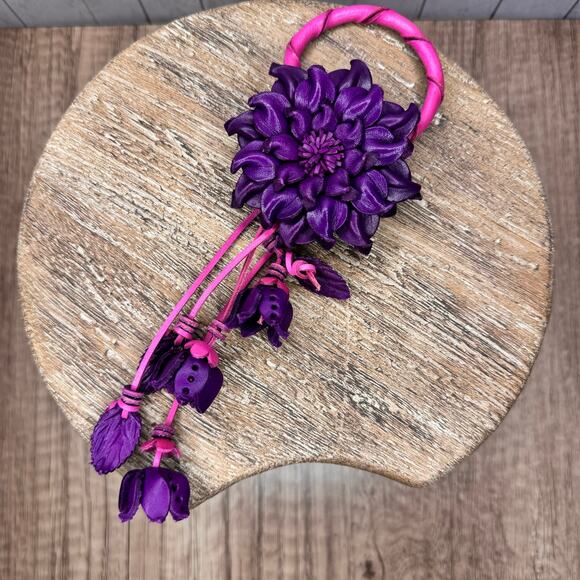 Purple Dahlia Leather Flower Purse Charm Genuine Leather Purple Flower Bag Charm - Picture 5 of 9